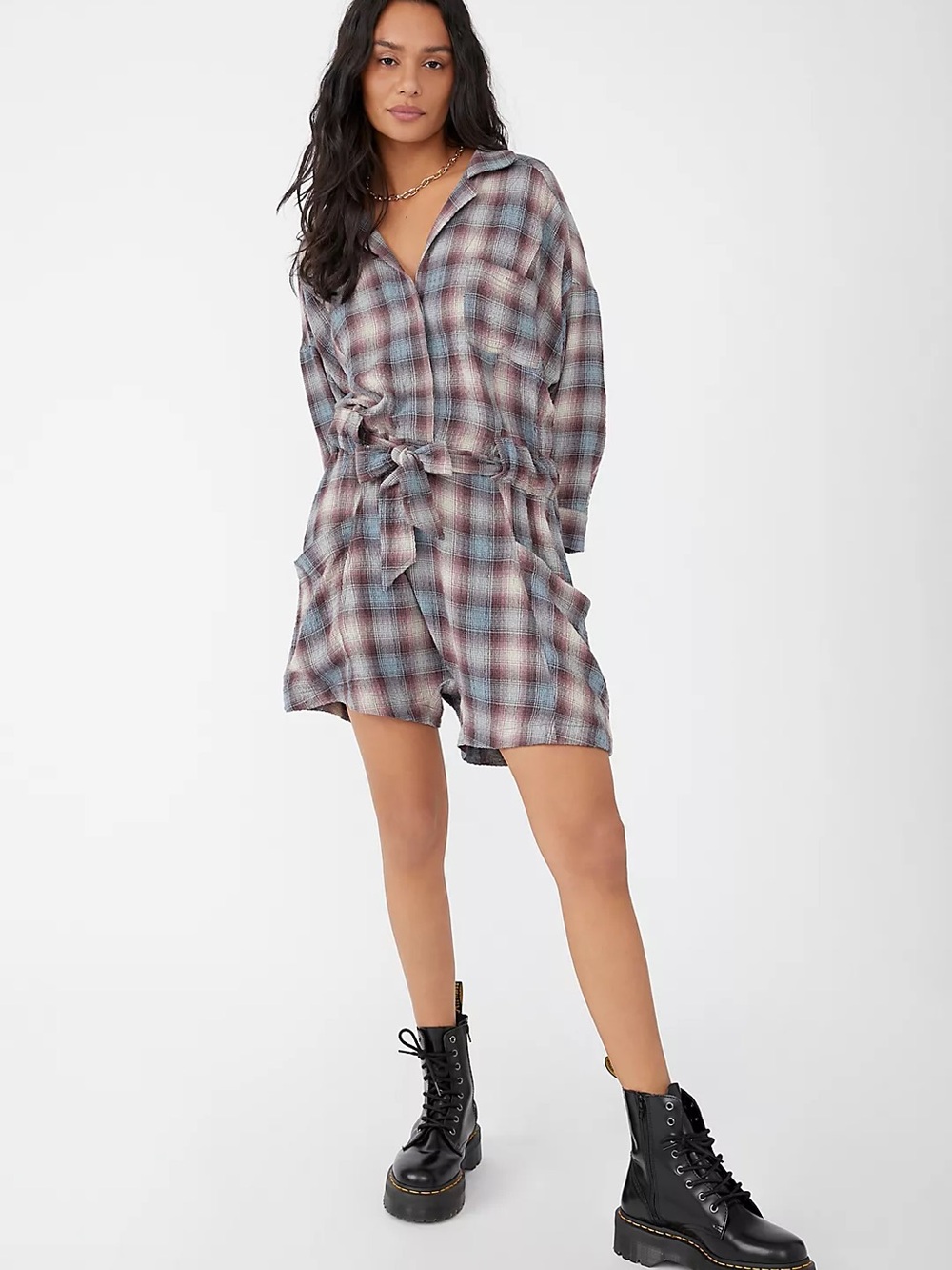 Free People Plaid Tie-Waist Romper in Blue, Brown & Cream